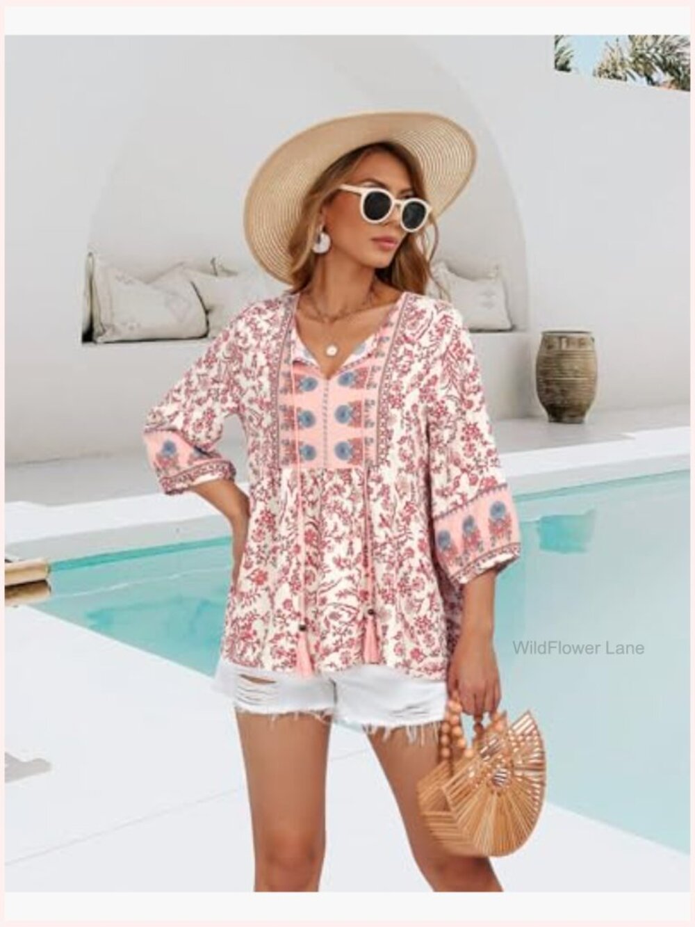 Boho Babydoll Top 3/4 Lantern Sleeve Peplum Blouse V-Neck Tie Front Tunic - Picture 4 of 7